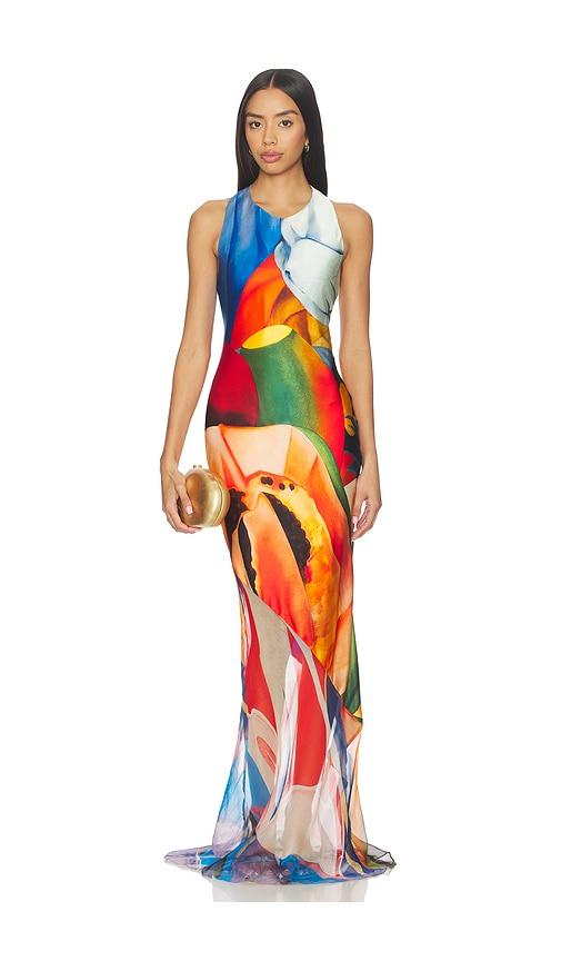 donde esteban salpicon long silk dress in orange,blue.