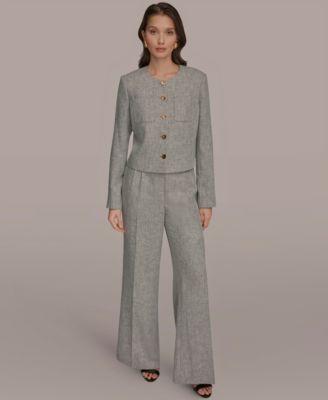 donna karan new york womens button front cropped jacket high waist wide leg pants