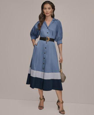 donna karan new york womens collared belted midi dress
