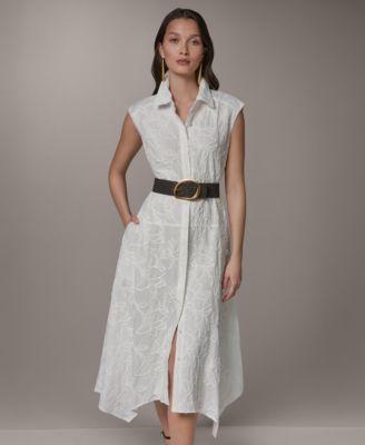 donna karan new york womens collared neck belted midi dress