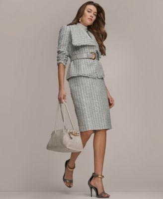 donna karan new york womens draped lapel collar belted sequin detail jacket pencil midi skirt printed turtleneck top