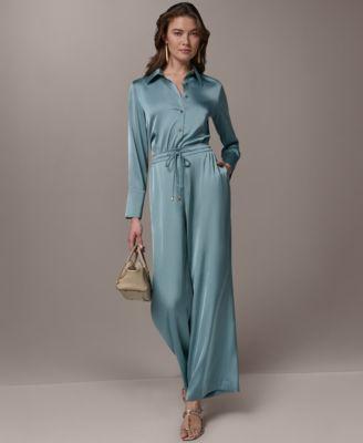 donna karan new york womens exposed buttons collared blouse pull on mid rise pants