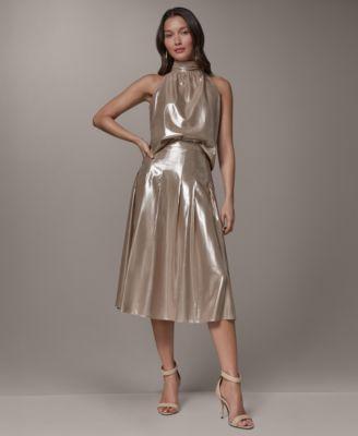 donna karan new york womens high neck top high shine pleated skirt