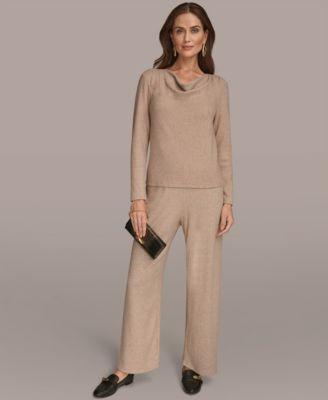 donna karan new york womens lurex rib cowl neck long sleeve top wide leg pull on pants