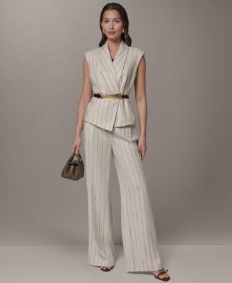 donna karan new york womens sleeveless belted vest high waisted wide leg pants