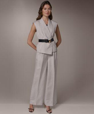 donna karan new york womens sleeveless pinstripe belted vest high waist wide leg pants