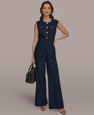 donna karan new york womens sleeveless pinstripe vest high waist wide leg pants