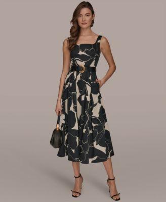 donna karan new york womens sleeveless square neck floral a line midi dress