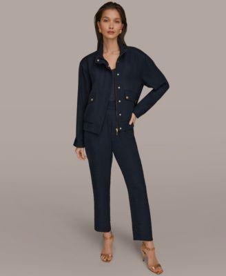 donna karan new york womens zip up jacket cowl neck top pleated straight pants
