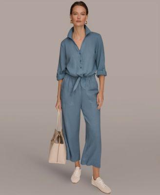 donna karan weekend womens linen button front tie blouse high rise relaxed pants