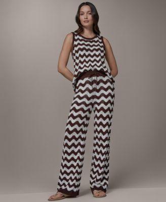 donna karan weekend womens scallop stripe crewneck cotton sweater pointelle pants