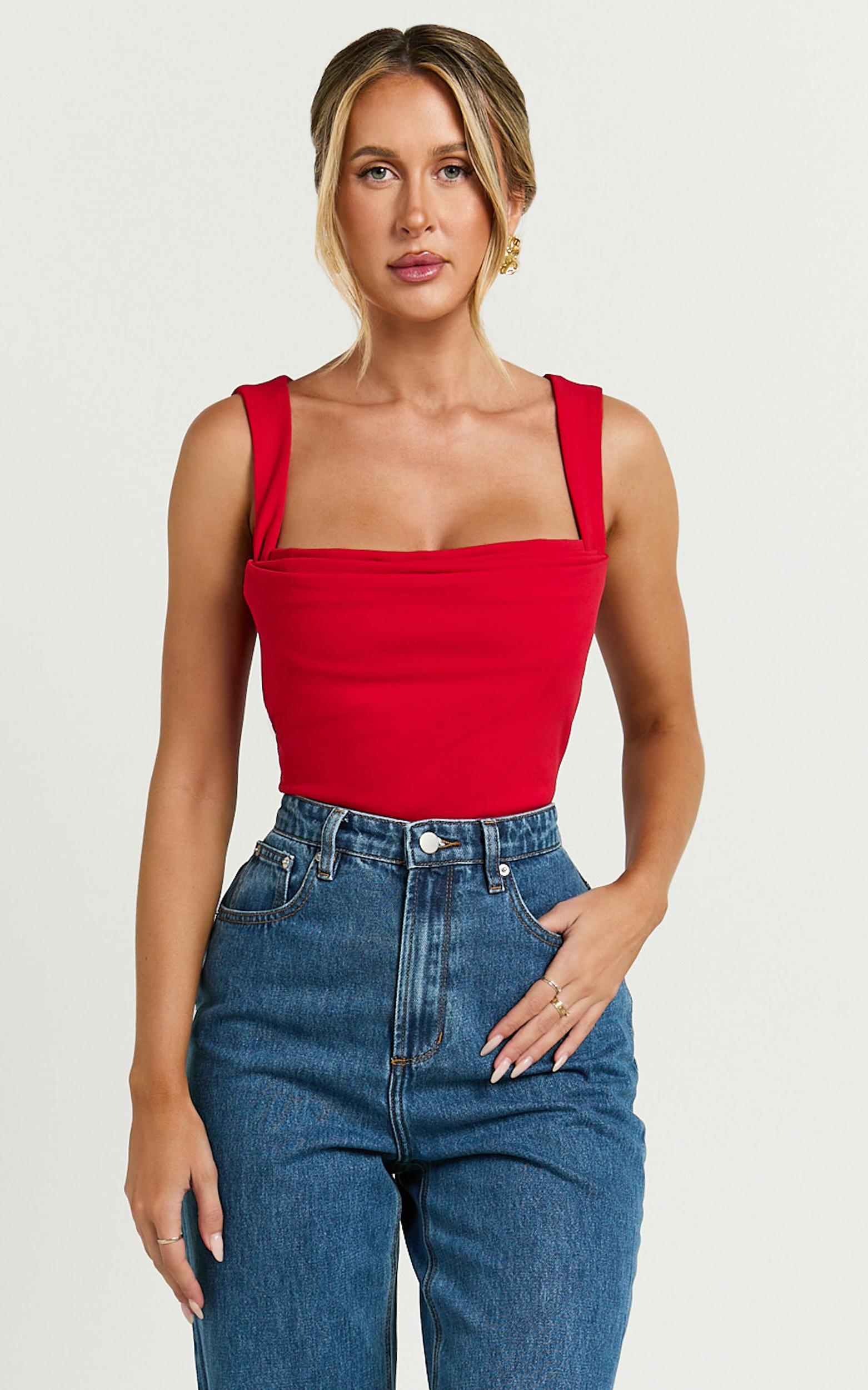 donna top - cowl neck corset top in red