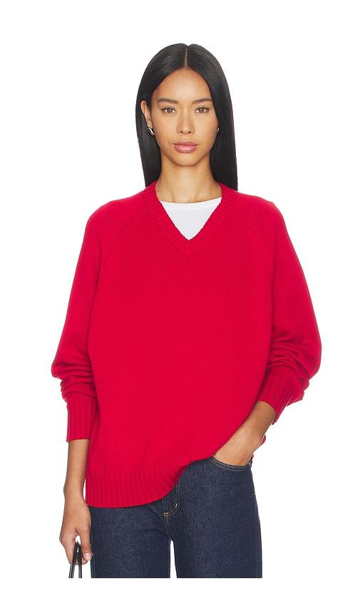 donni. the cotton knit v-neck sweater in red.