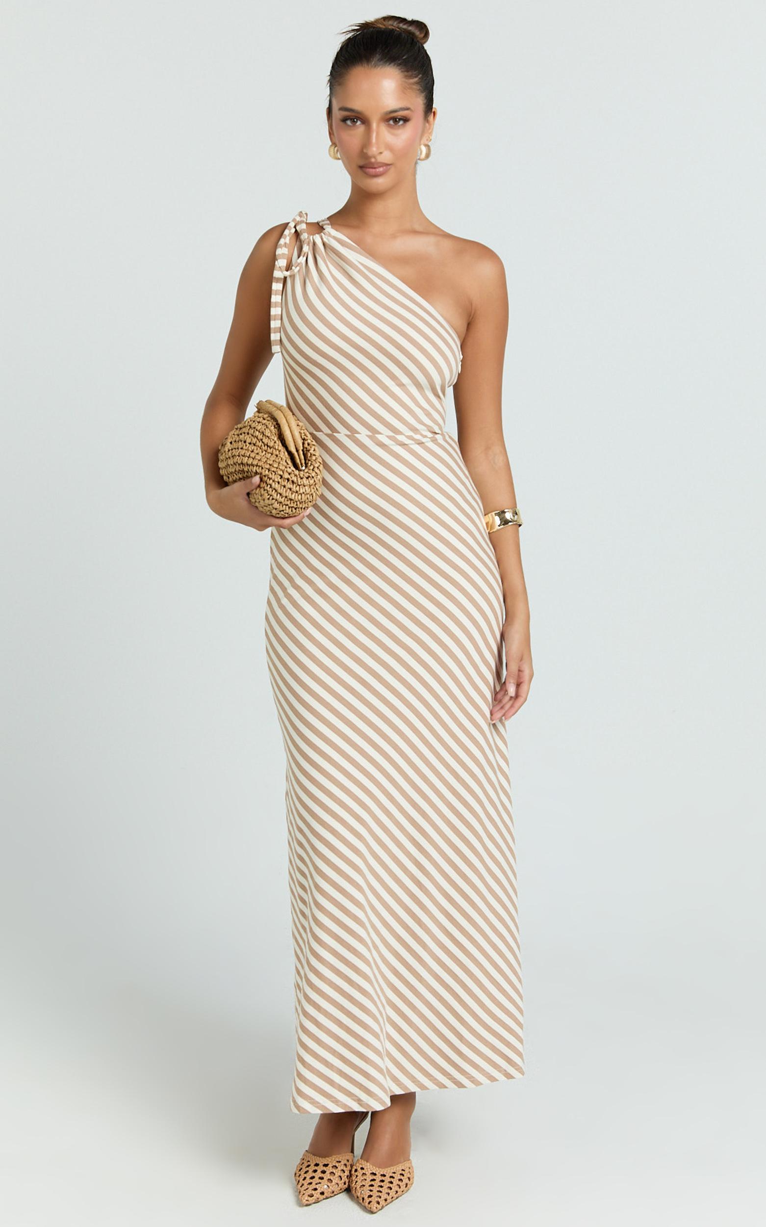 dora midi dress - one shoulder dress in beige