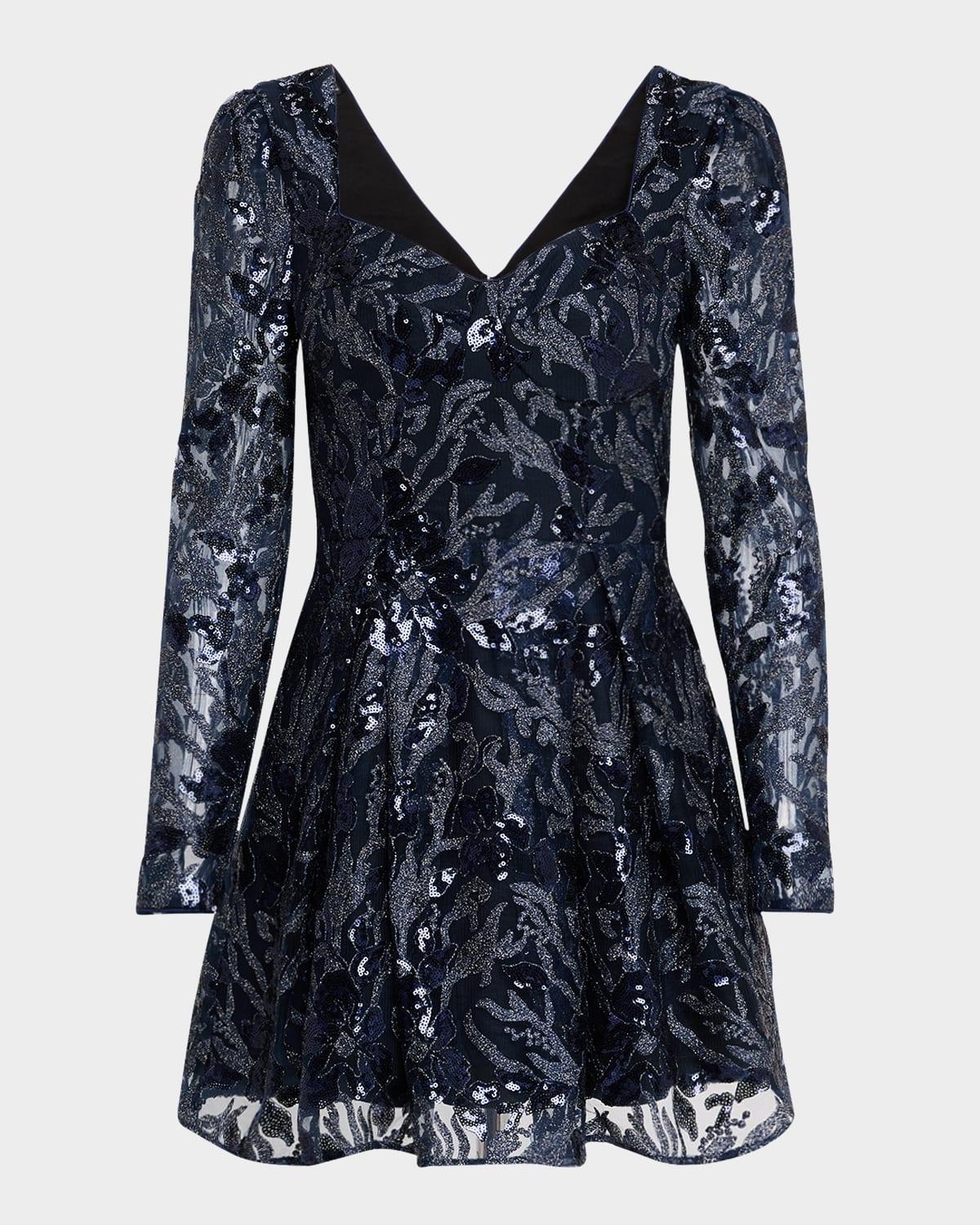 dora pleated sequin floral applique mini dress