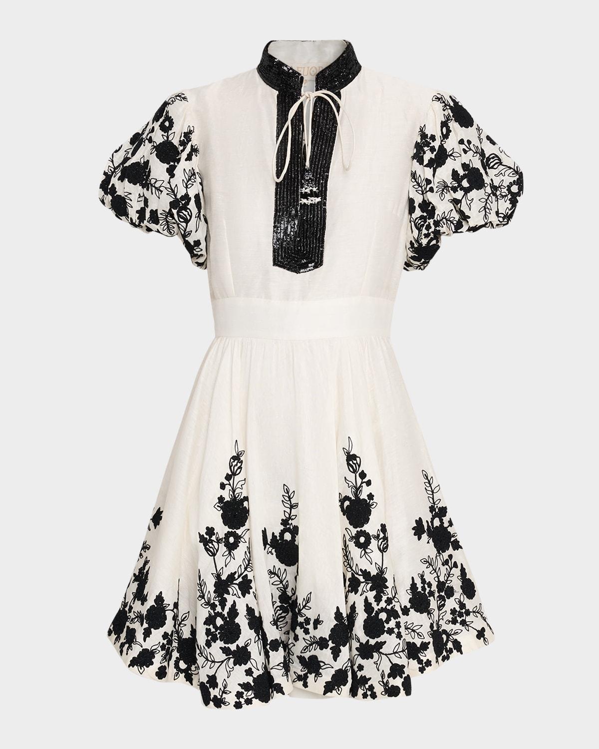 dori embroidered organza puff-sleeve mini dress