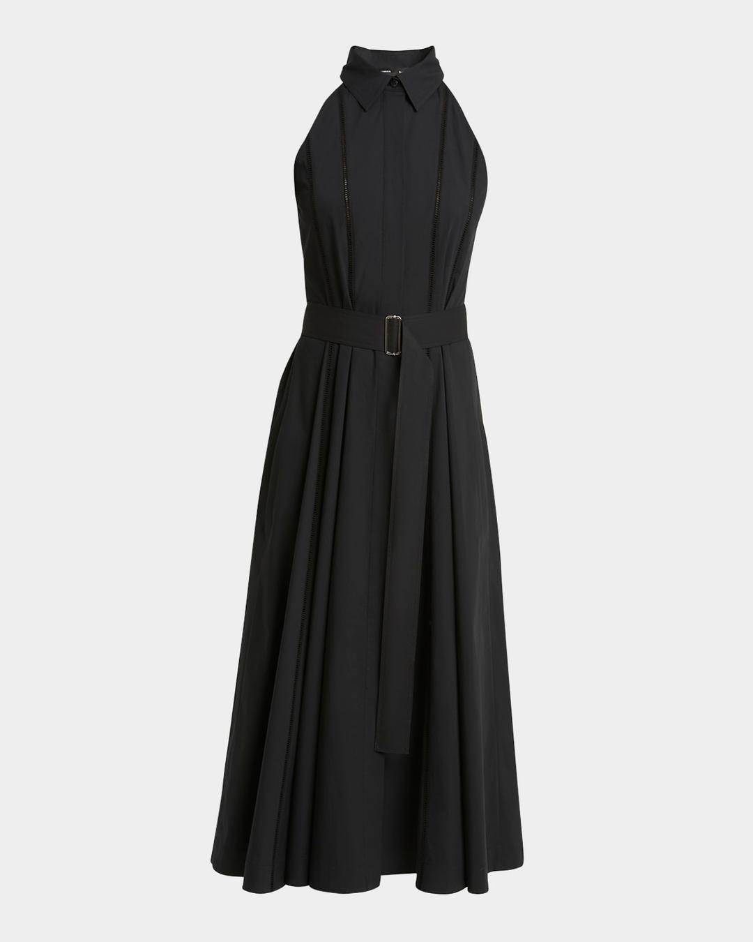 Dorothy Belted Ladder-Stitch Poplin Midi Dress – White ladder-stitch cotton dress with belt—airy and architectural.
