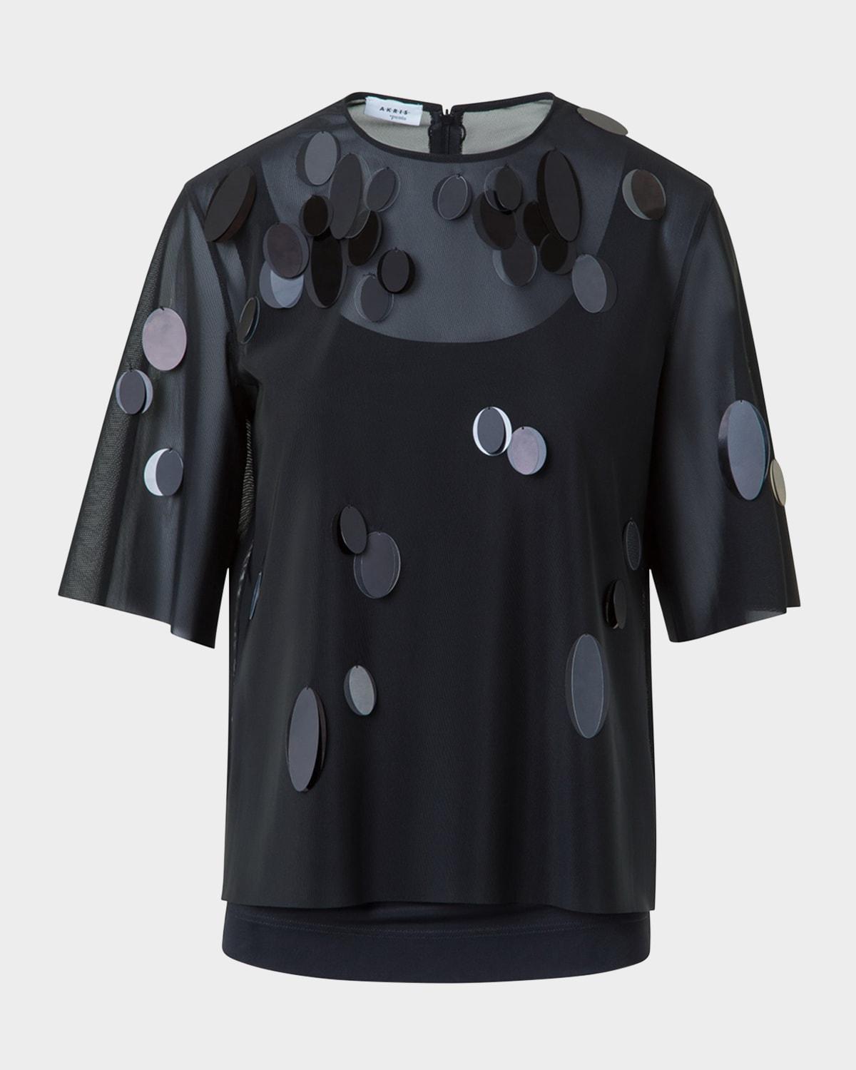 dot sequin embellished tulle short-sleeve top