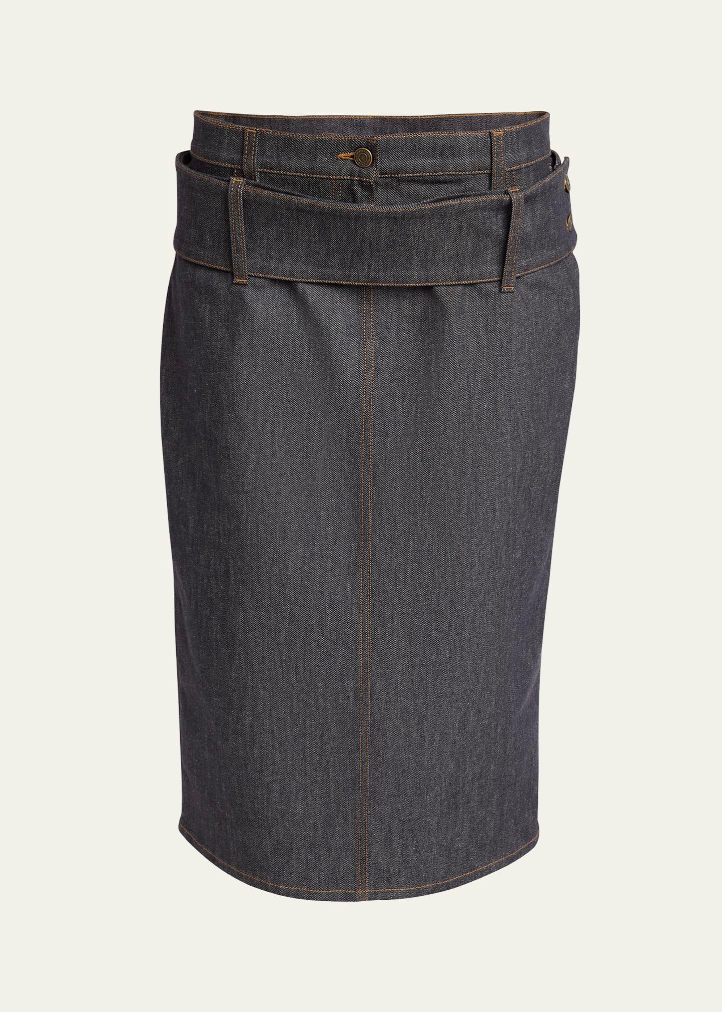 double belt denim midi skirt