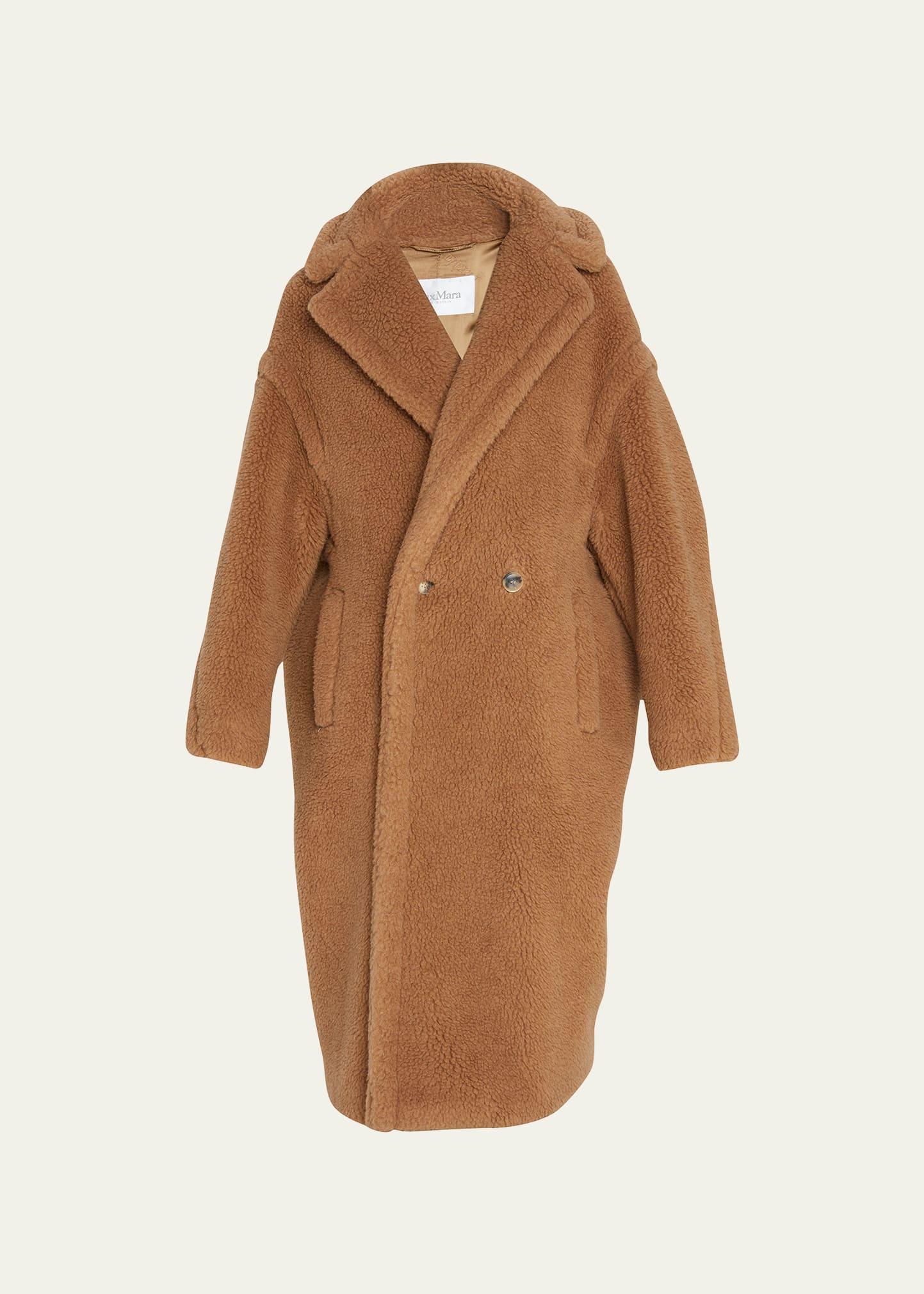 double-breasted camel hair blend teddy coat