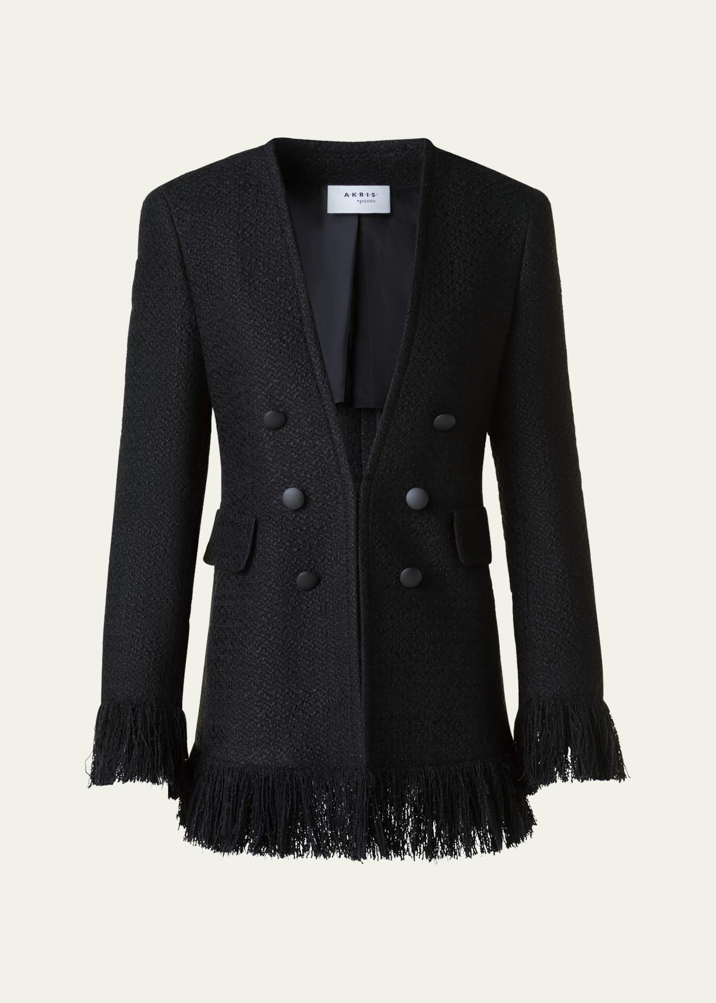 double-breasted illusion boucle tweed fringed jacket