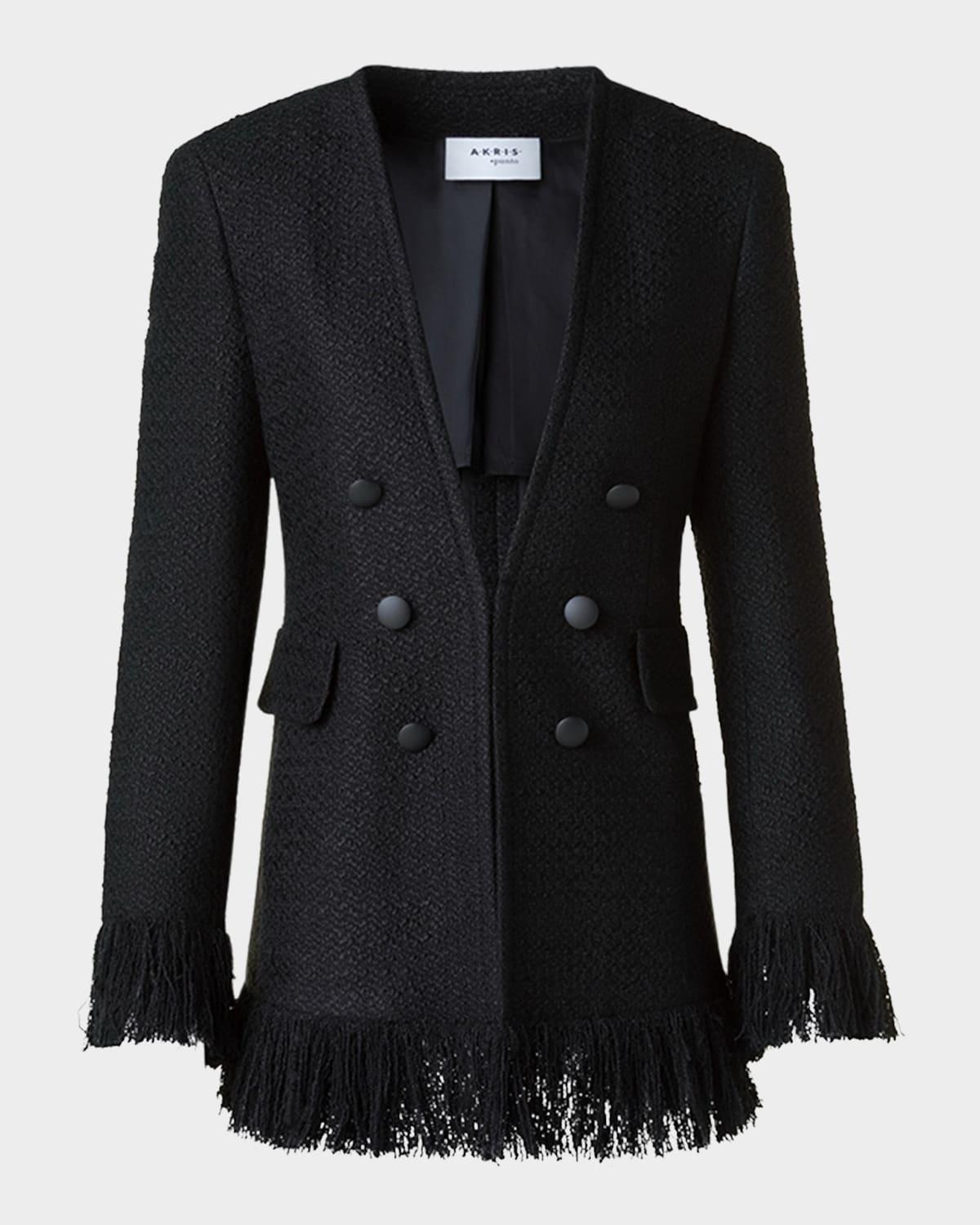 double-breasted illusion boucle tweed fringed jacket