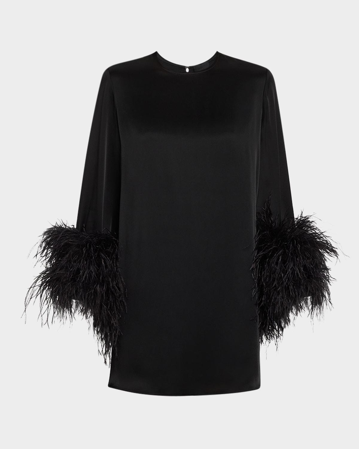 double-face satin shift dress with ostrich feathers