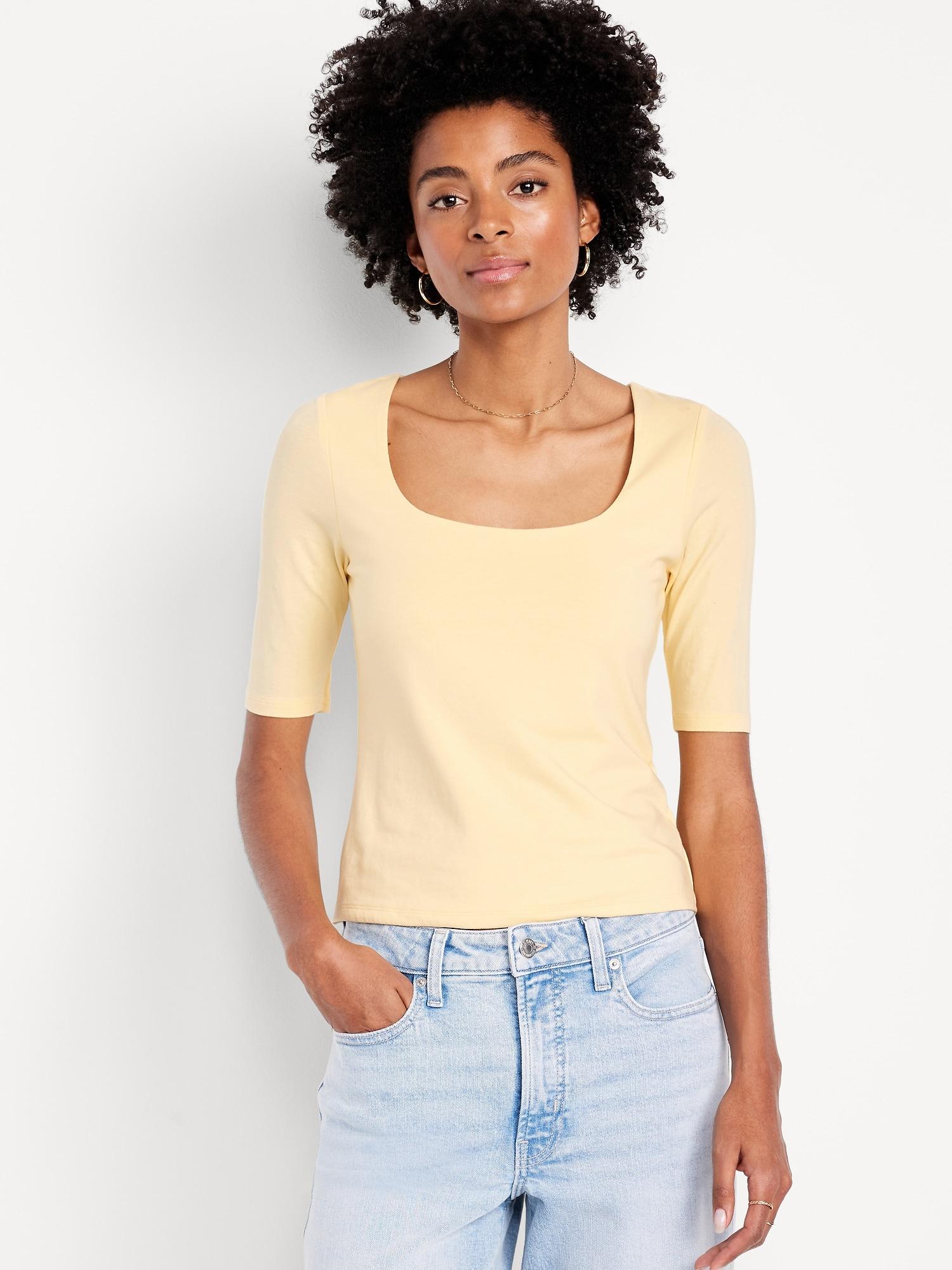double-layer elbow-sleeve scoop-neck t-shirt