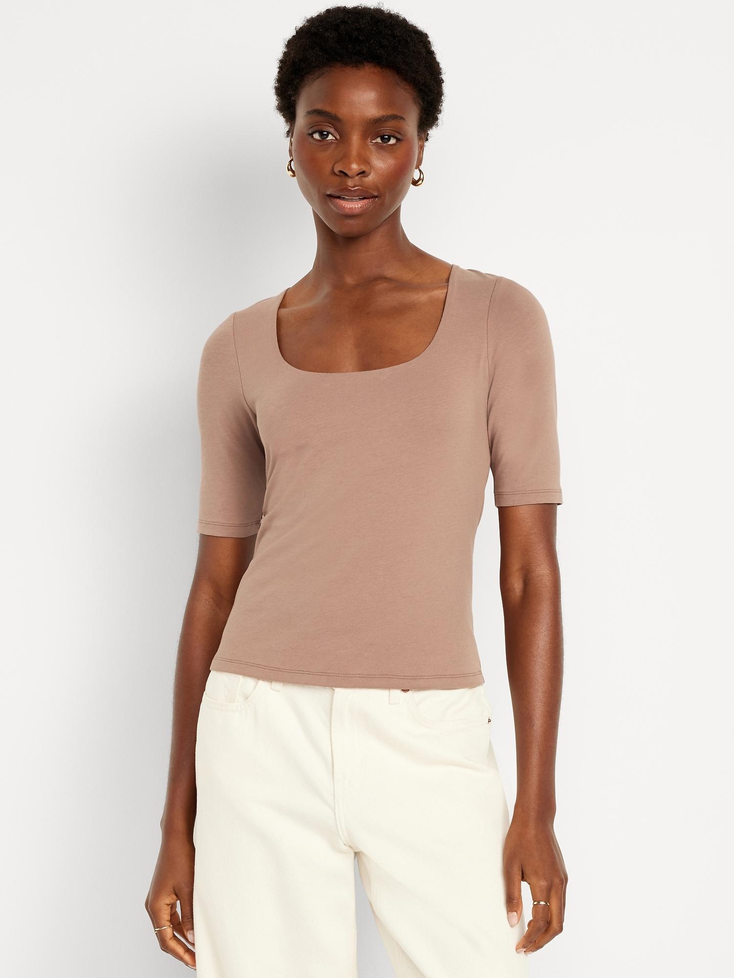 double-layer elbow-sleeve scoop-neck t-shirt