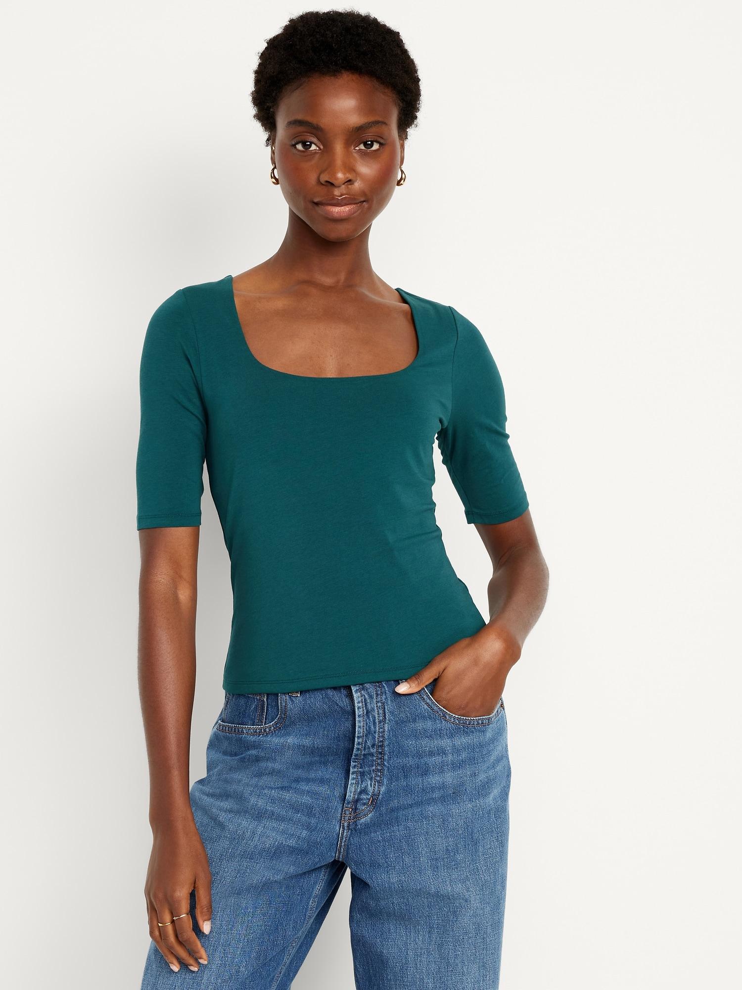double-layer elbow-sleeve scoop-neck t-shirt