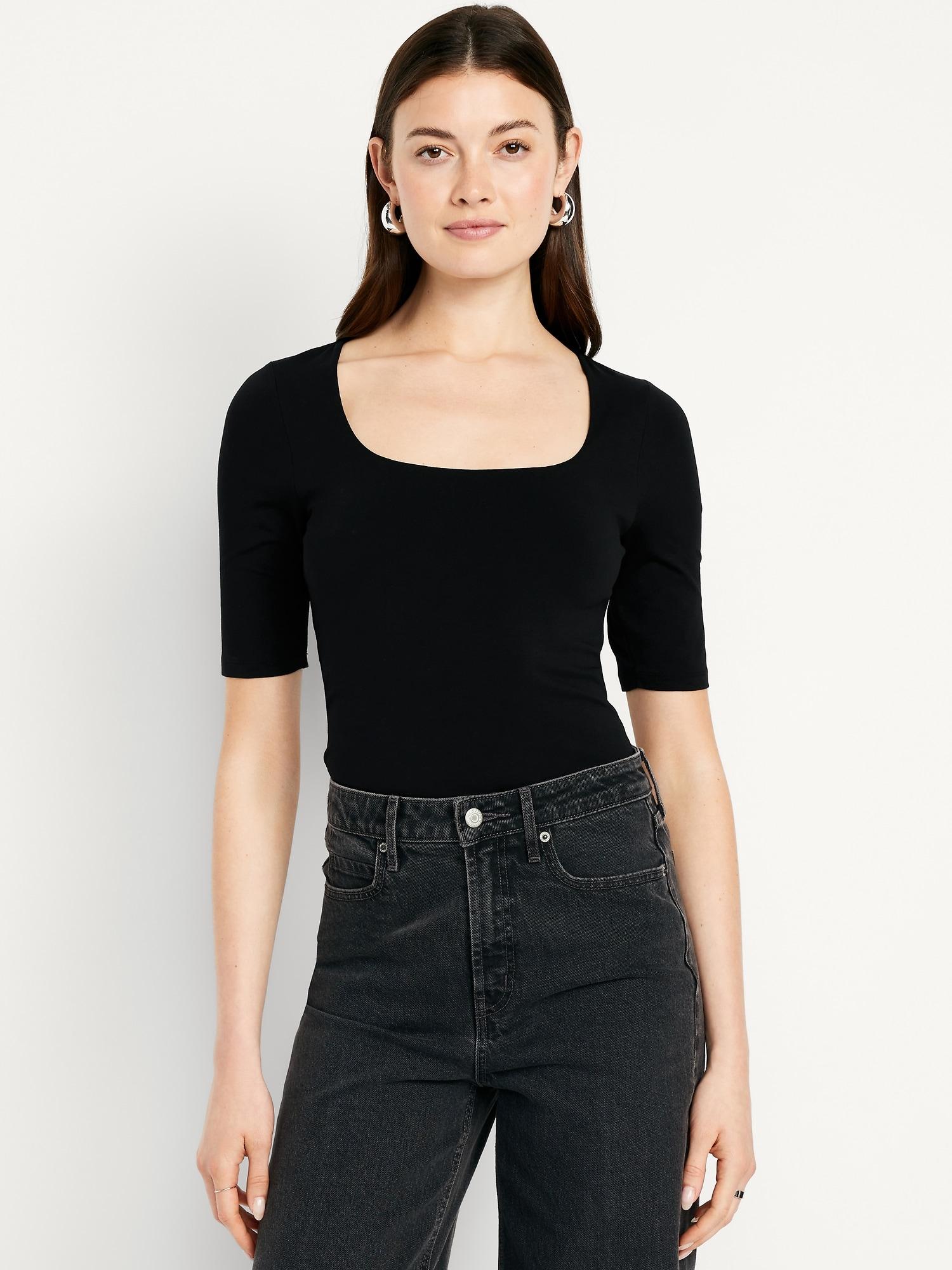 double-layer elbow-sleeve scoop-neck t-shirt