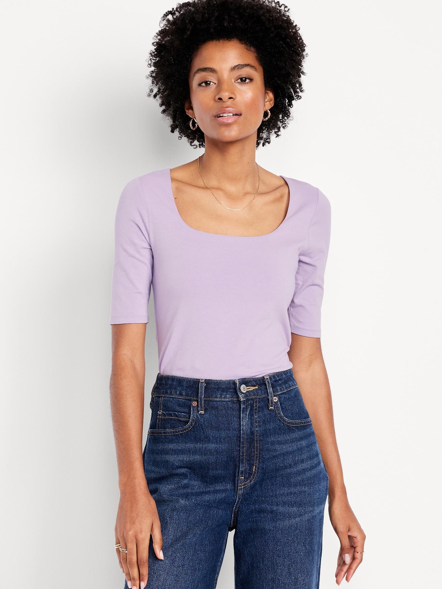double-layer elbow-sleeve scoop-neck t-shirt