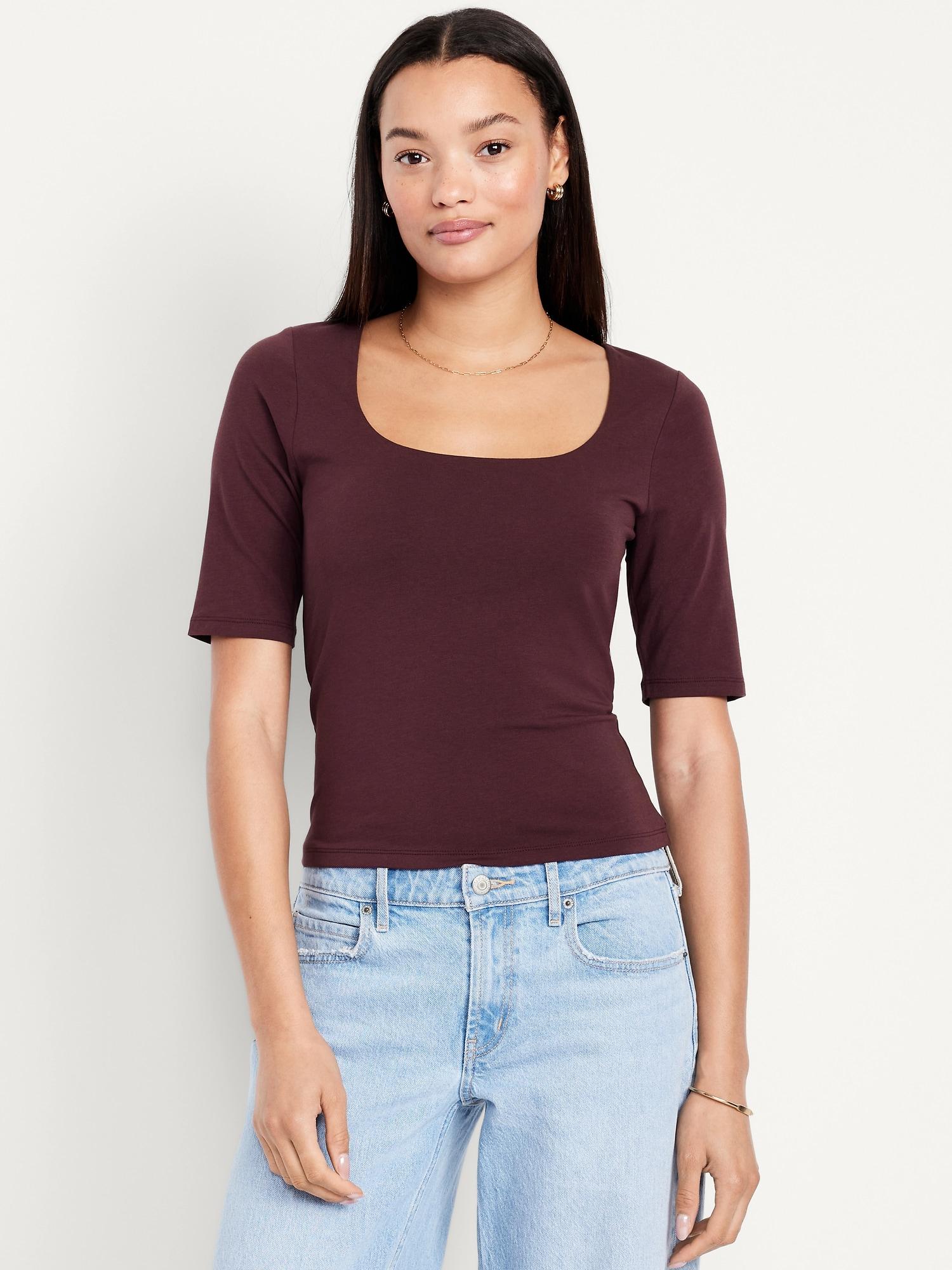 double-layer elbow-sleeve scoop-neck t-shirt