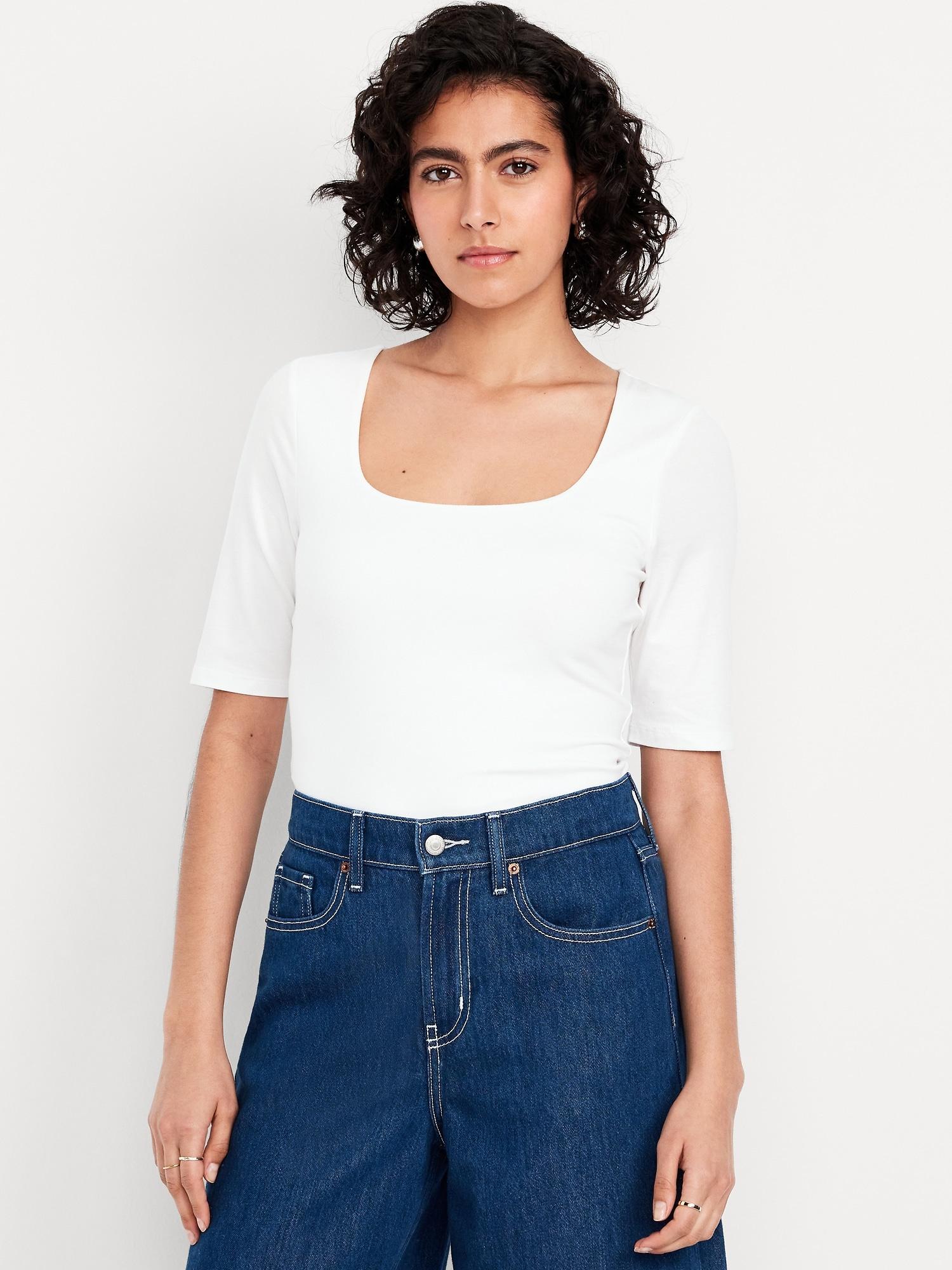 double-layer elbow-sleeve scoop-neck t-shirt