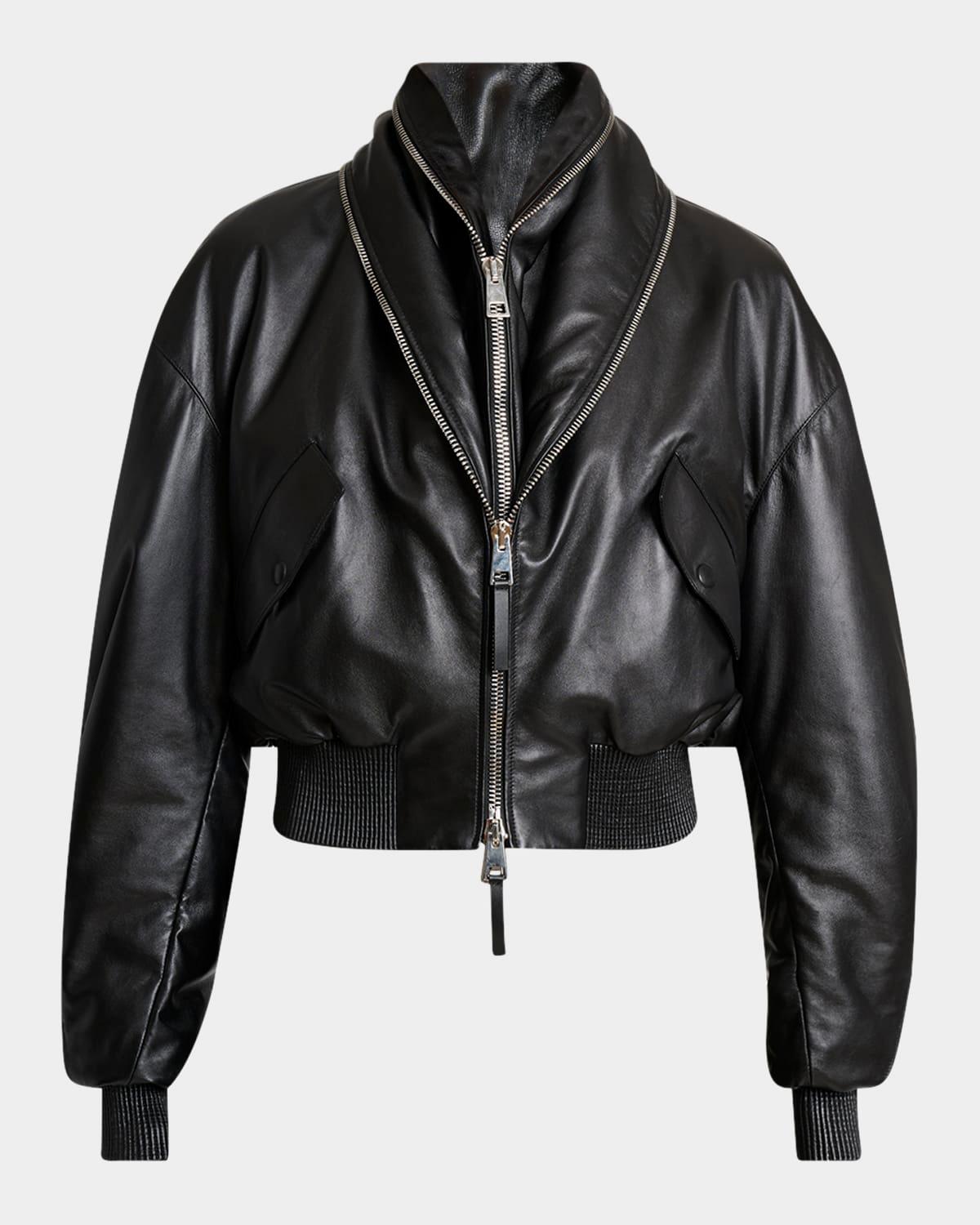 double shawl-collar leather crop bomber jacket