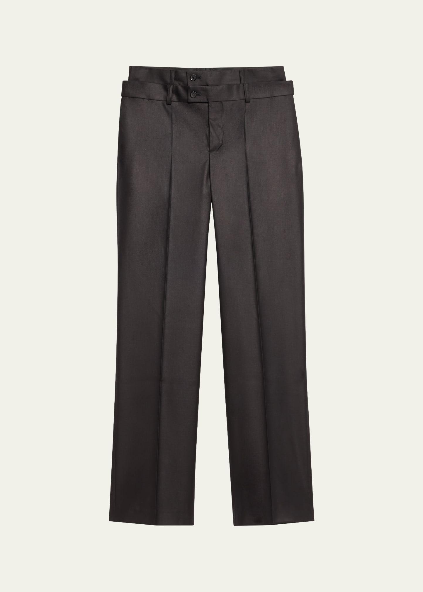 double waistband straight leg wool trousers