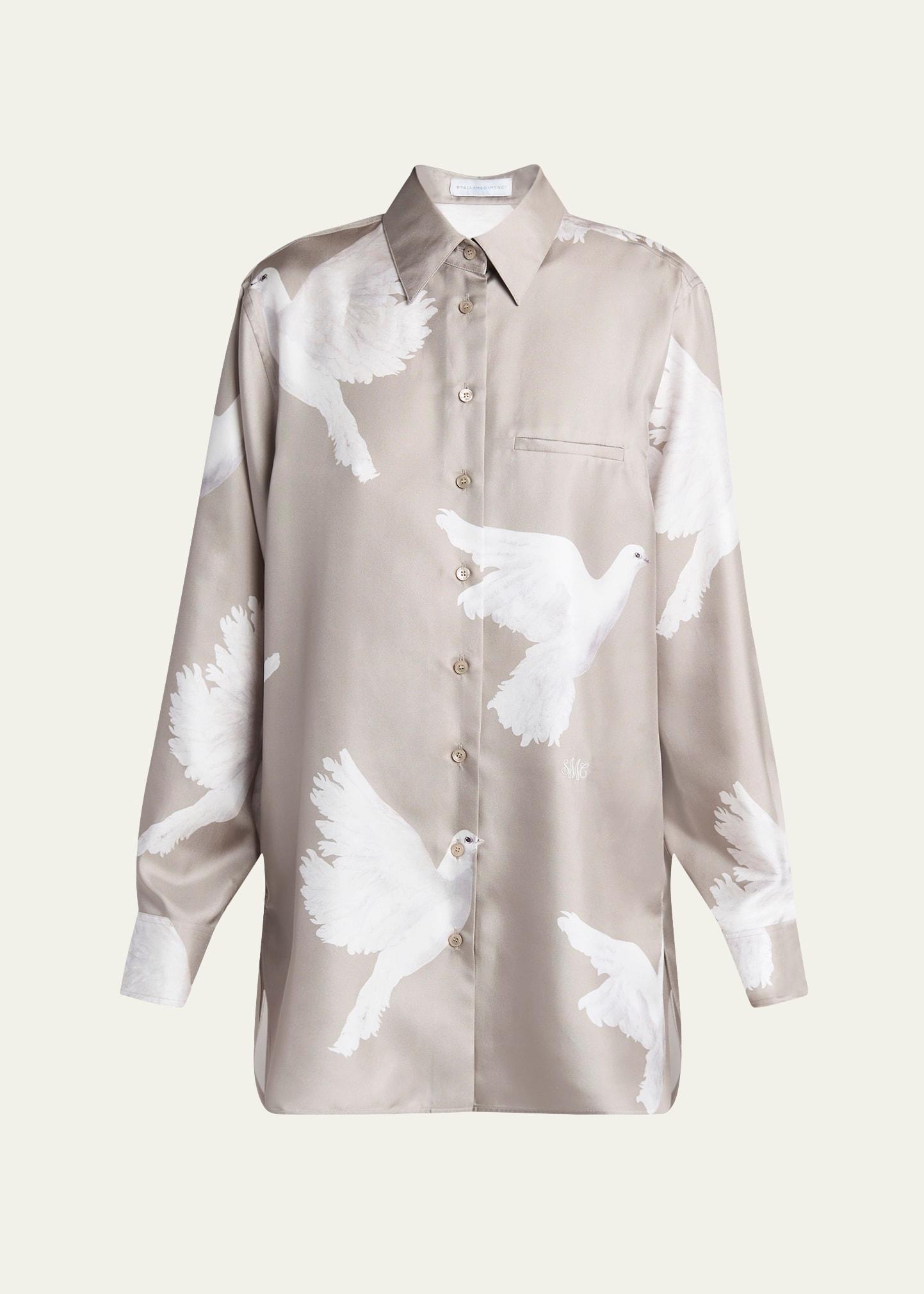 dove print button down silk blouse