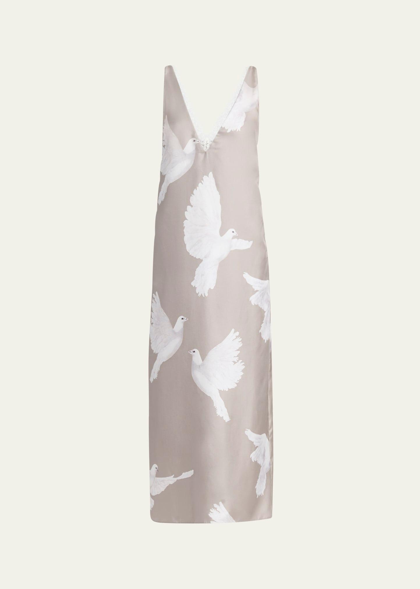 dove print lace trim silk slip dress