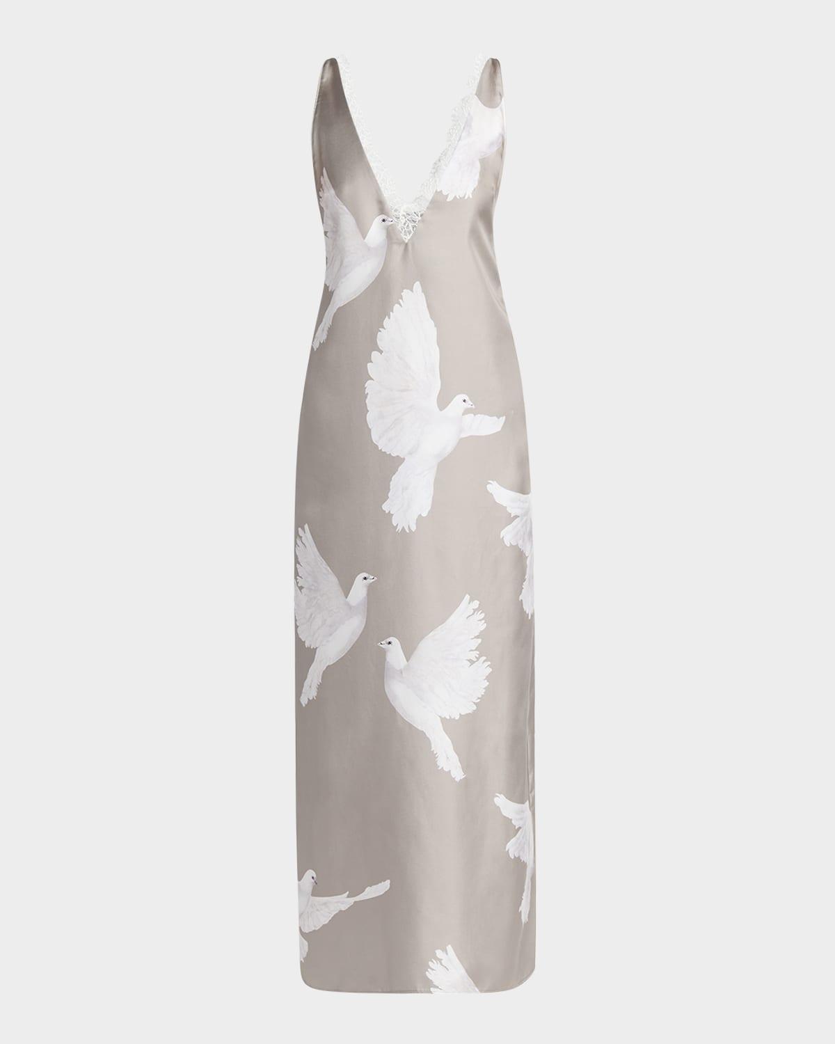 dove print lace trim silk slip dress