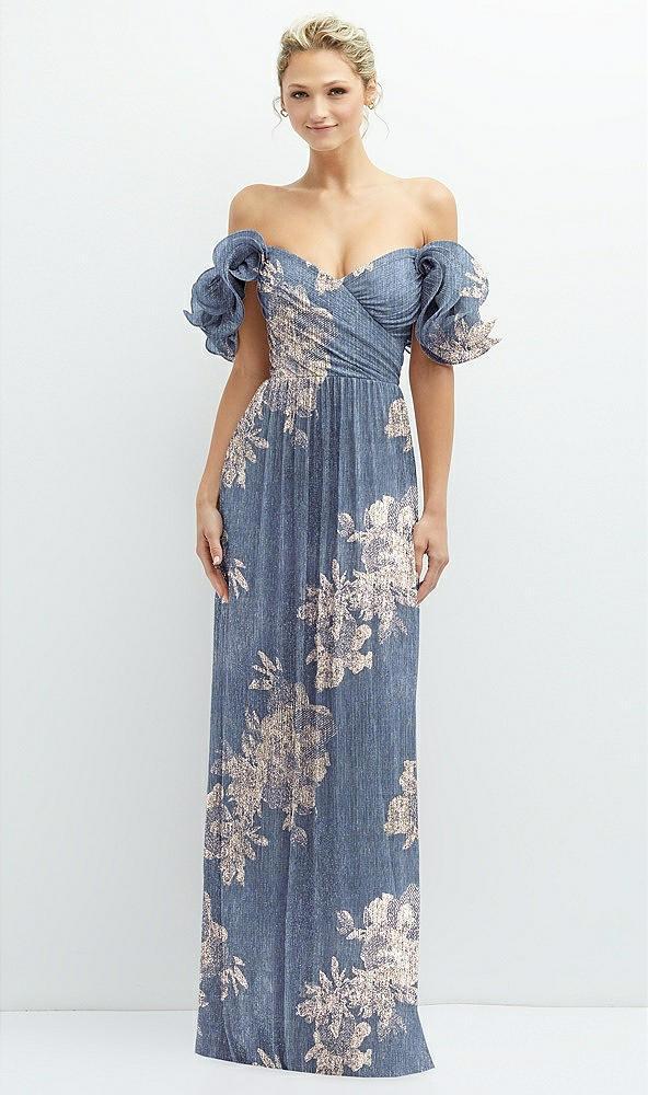 dramatic ruffle edge convertible strap metallic pleated maxi dress with floral gold foil print