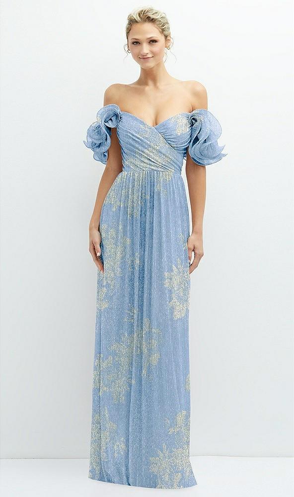 dramatic ruffle edge convertible strap metallic pleated maxi dress with floral gold foil print