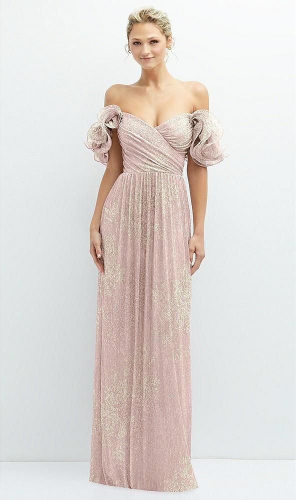 dramatic ruffle edge convertible strap metallic pleated maxi dress with floral gold foil print
