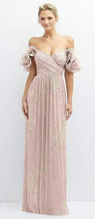 dramatic ruffle edge convertible strap metallic pleated maxi dress with floral gold foil print