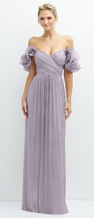 dramatic ruffle edge convertible strap metallic pleated maxi dress