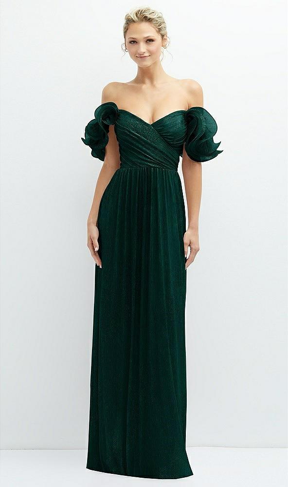 dramatic ruffle edge convertible strap metallic pleated maxi dress