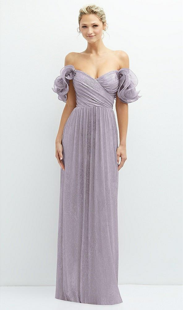 dramatic ruffle edge convertible strap metallic pleated maxi dress