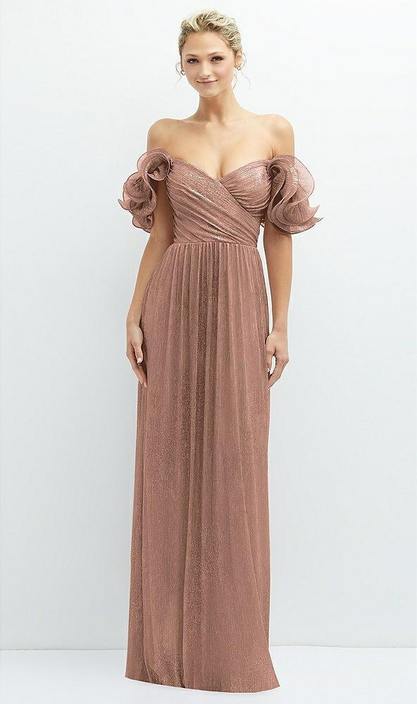 dramatic ruffle edge convertible strap metallic pleated maxi dress