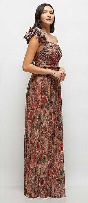 dramatic ruffle edge one-shoulder fall foral pleated metallic maxi dress