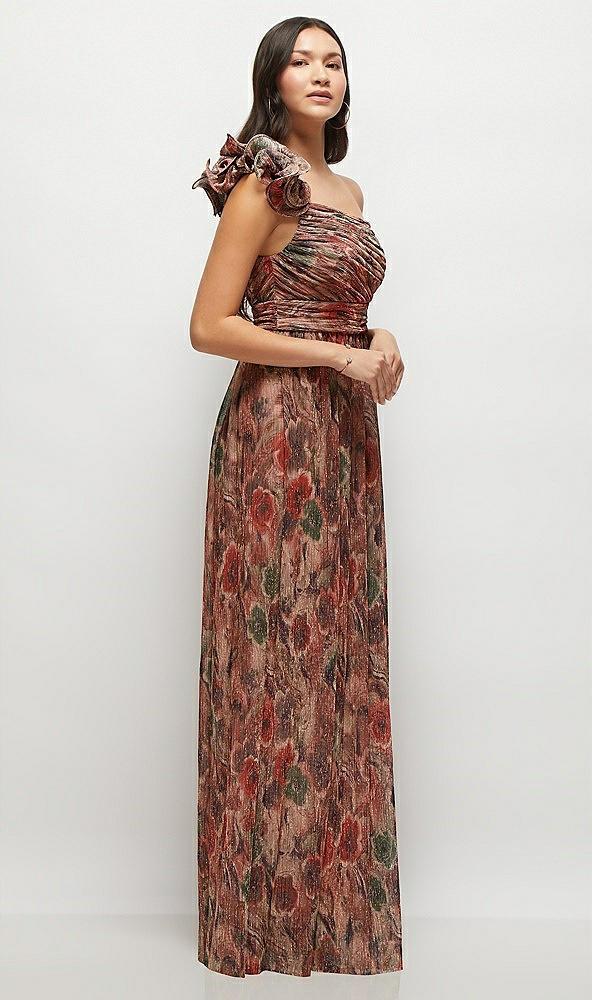 dramatic ruffle edge one-shoulder fall foral pleated metallic maxi dress