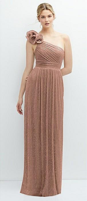 dramatic ruffle edge one-shoulder metallic pleated maxi dress